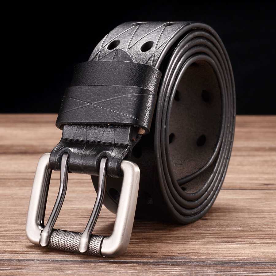 Mens Leather Double Prong Belt Classic Pin Buckle Strap Uni