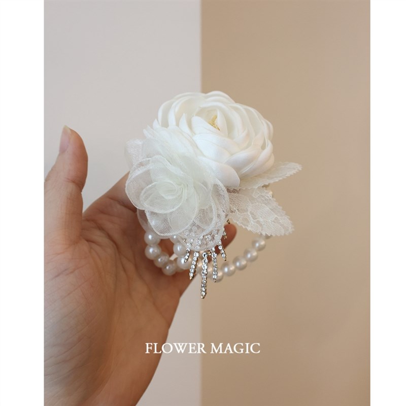 米色小清新珍珠手錬唯美新娘伴娘姐妹团结活动派对婚礼手腕花手花