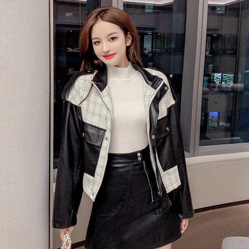 春款女装2024新款欧洲站格子拼接皮衣夹克外套韩版小个子女士上衣
