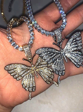 Cuban Butterfly Hip Hop Pendant Necklace Ladies水钻蝴蝶颈链