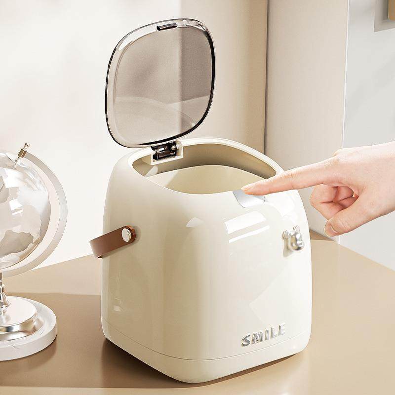 桌面垃圾桶家用高级感带盖子塑料卧室用客厅厨房可爱按压小垃圾筒