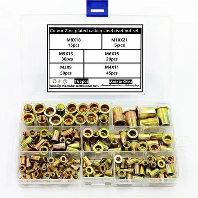 165pcs拉铆螺母M3-M10碳钢镀彩锌拉铆螺母平头竖纹拉铆钉【跨境】
