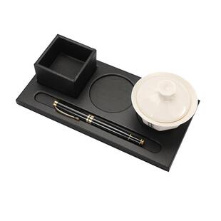商务会议酒店用品杯托创意皮质带笔槽杯垫办公室三孔茶水托盘