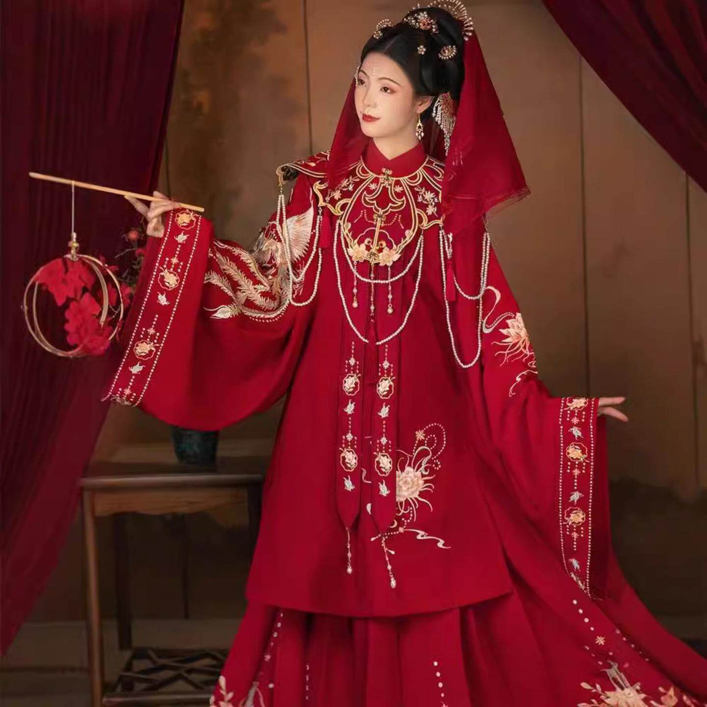 （正室-囍）花嫁明制汉服婚服立领斜襟齐腰云肩重工刺绣大红套装