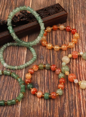玉石石榴石古风手链南瓜花托女孩