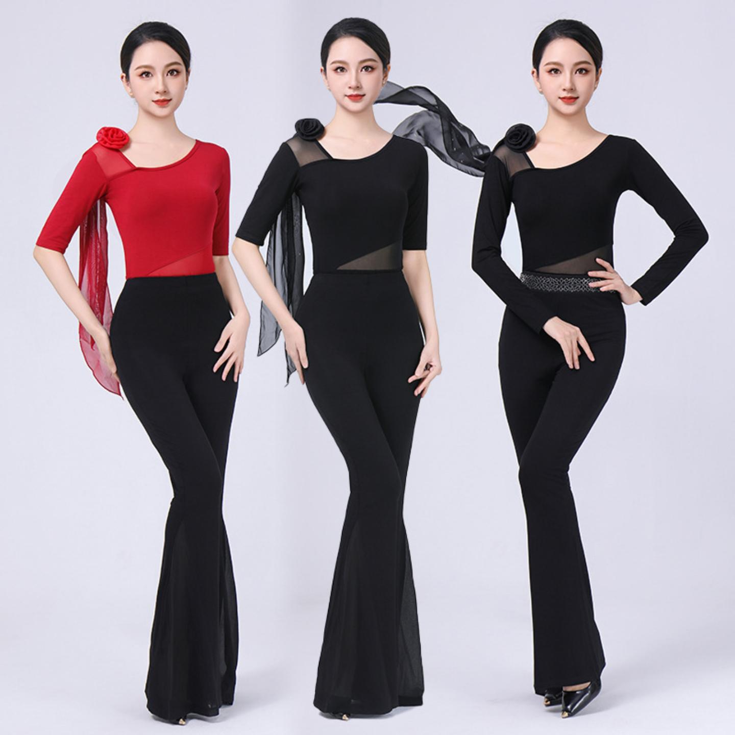 形体训练服装女舞蹈模特走秀练功服套装高腰喇叭裤气质礼仪导师