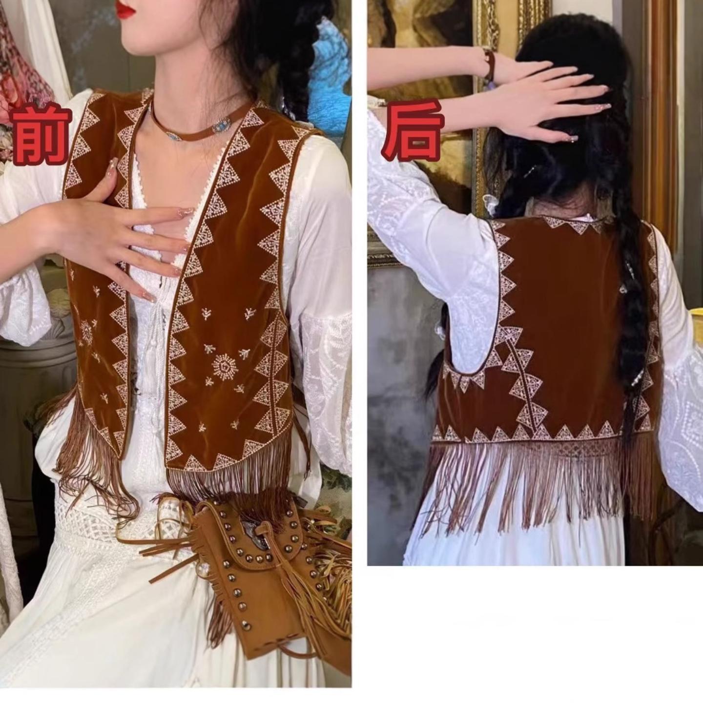 民族风复古麂皮绒马甲女刺绣搭配裙子外套波西米亚流苏开衫