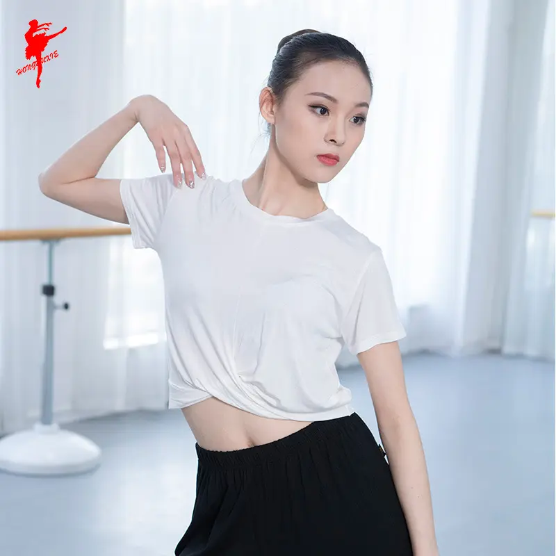 舞服女成人短袖圆领下摆打结交叉