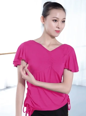 丝光棉两侧抽带荷叶袖上衣 短袖练功服舞蹈瑜伽服35209现货出口女