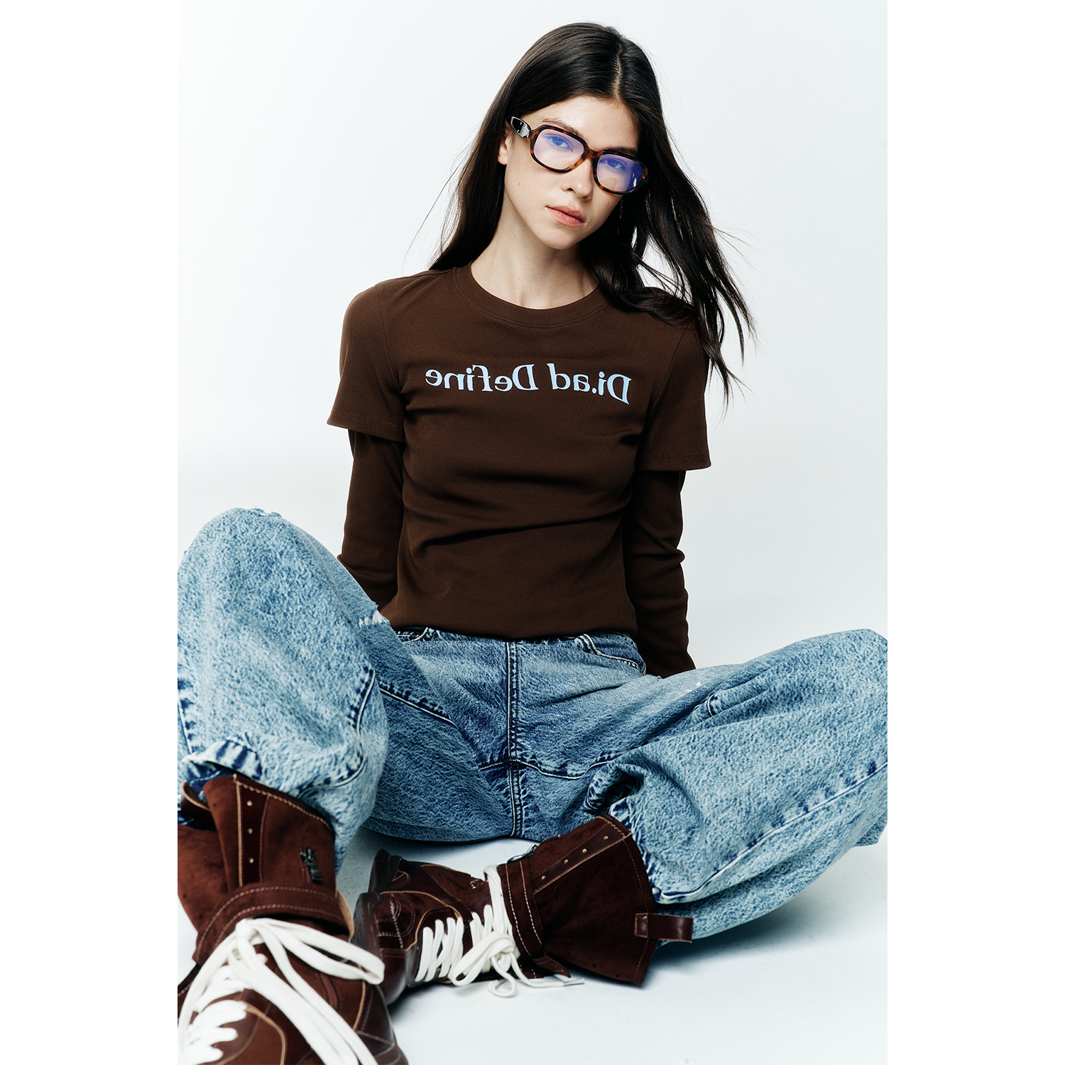 秋季休闲棕色假两件印花长袖T恤