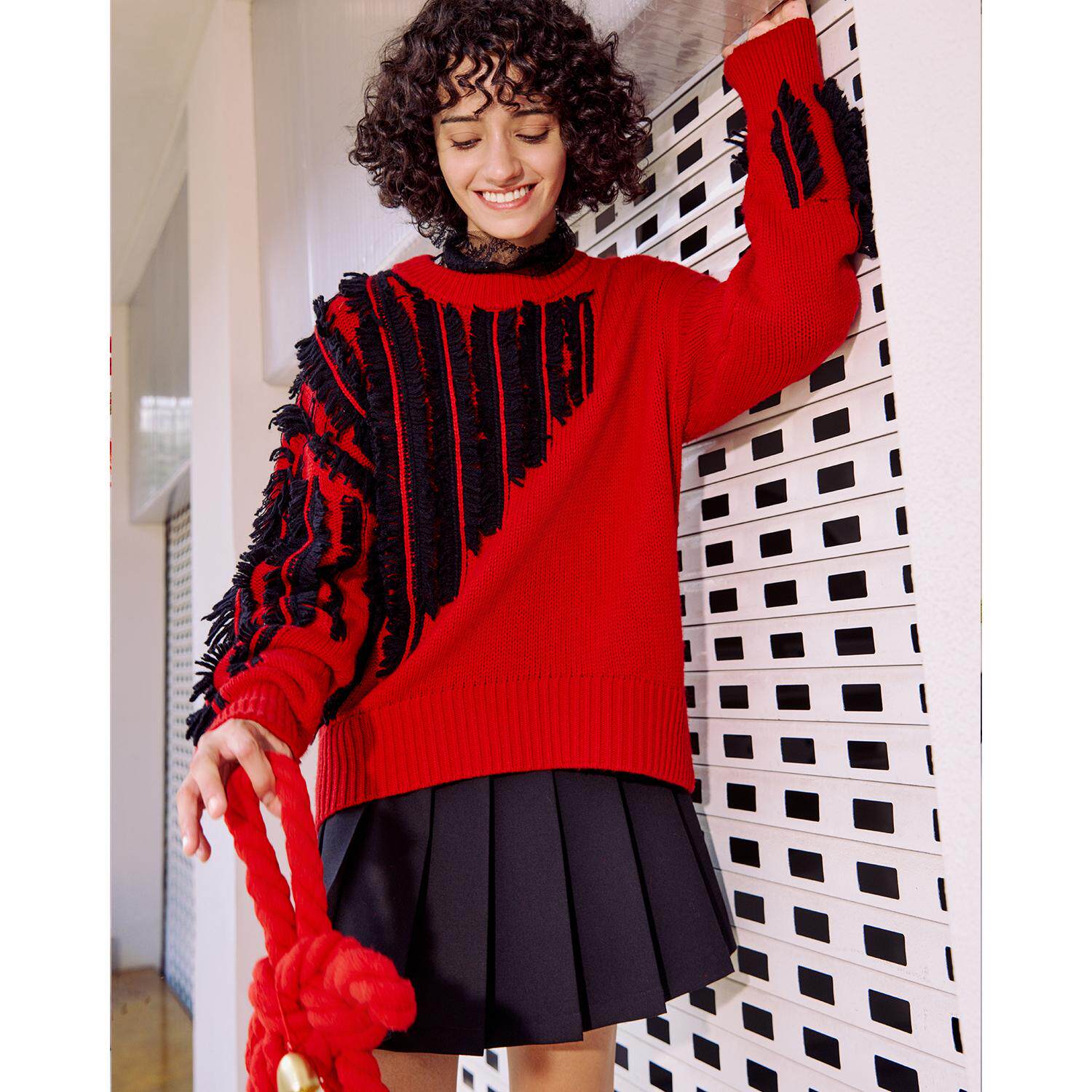 新款流苏设计羊毛混纺慵懒毛衣