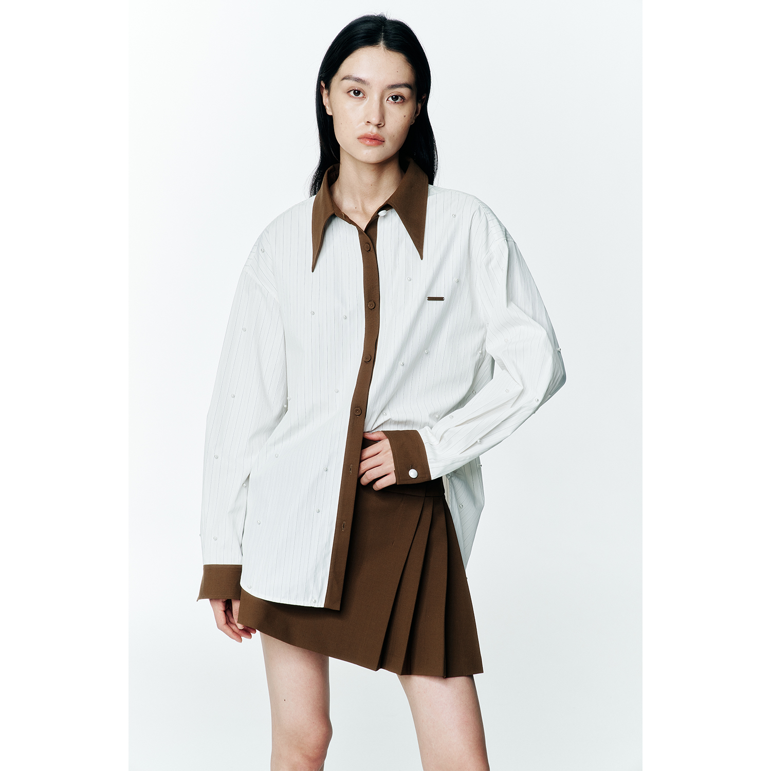 新款撞色拼接手工钉珠长袖衬衫女