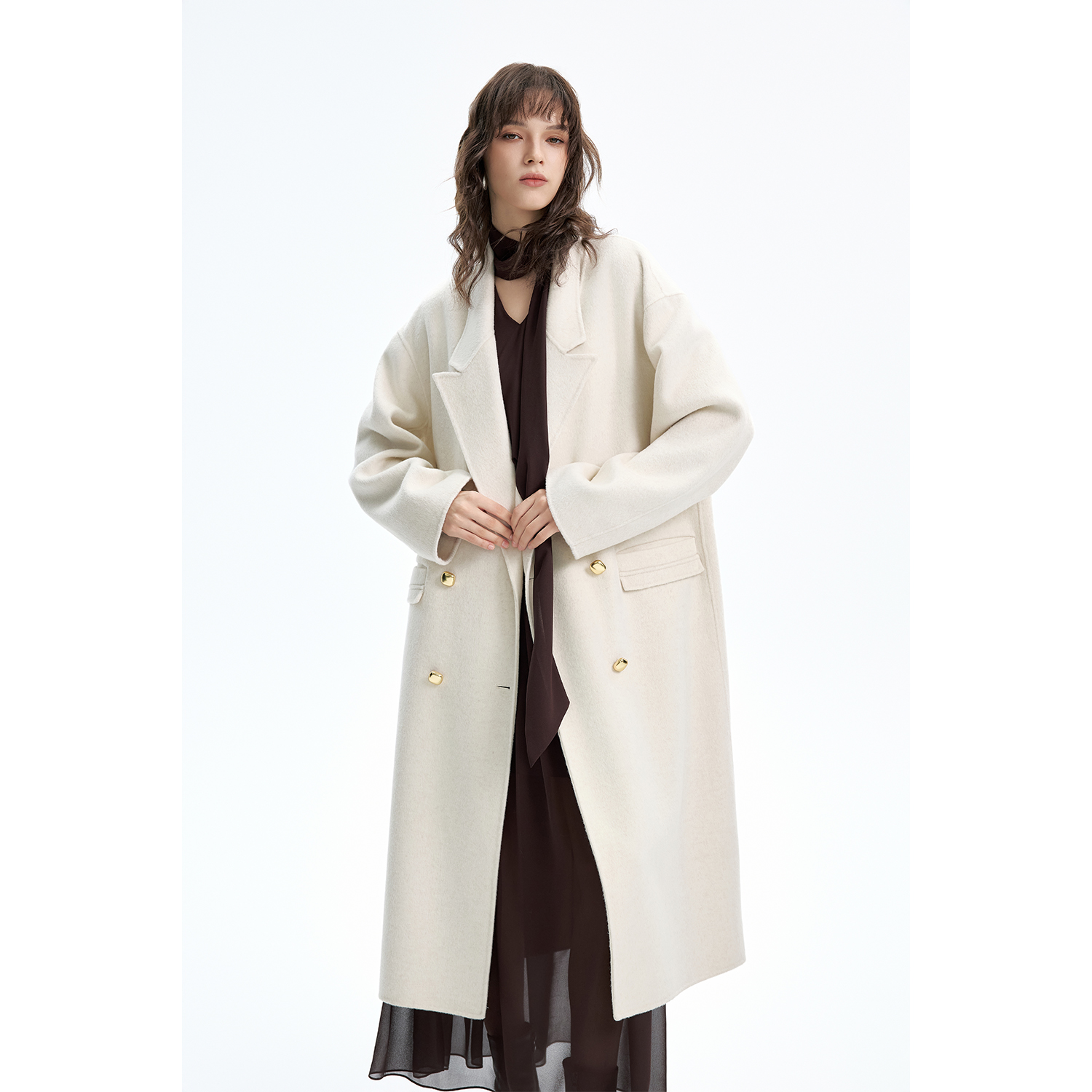 秋冬新款加厚廓形过膝双面呢大衣