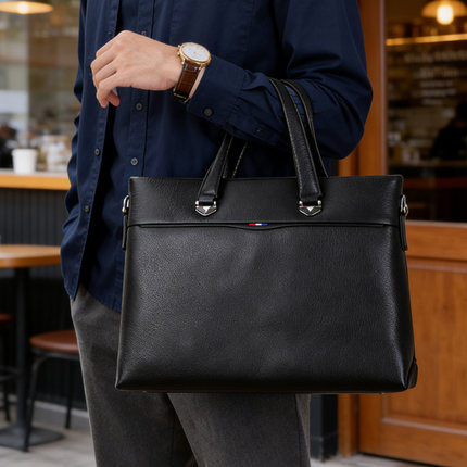 鹿师傅头层牛皮公文包男款商务通勤笔记本电脑14寸手提包斜挎男包