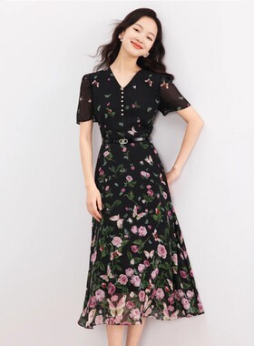 珂莱家2025夏季新款桑蚕丝真是休闲茶歇裙气质碎花真丝连衣裙子