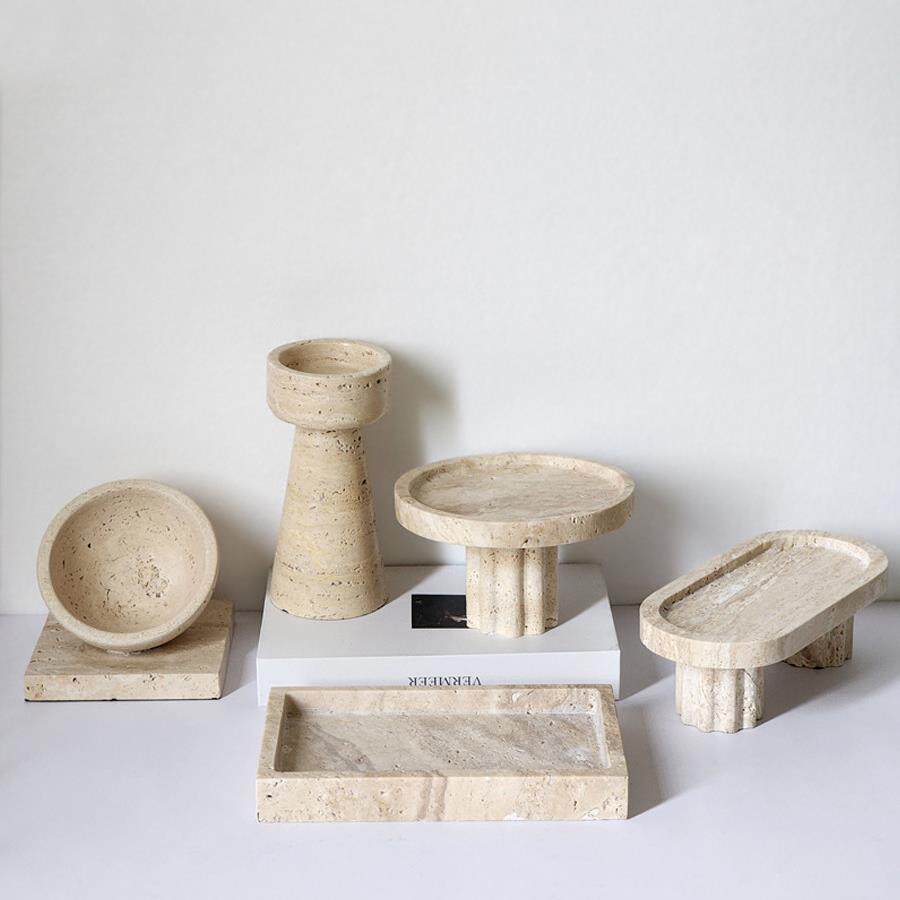 轻奢Wabi-Sabi大理石黄色石灰华托盘高水果盘餐桌甜品盘入口储物