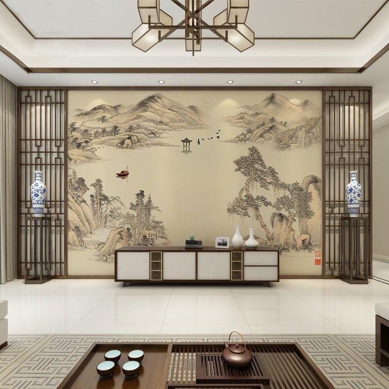 复古中国风山水画电视背景墙纸新中式沙发远山壁画3d墙贴茶室壁布