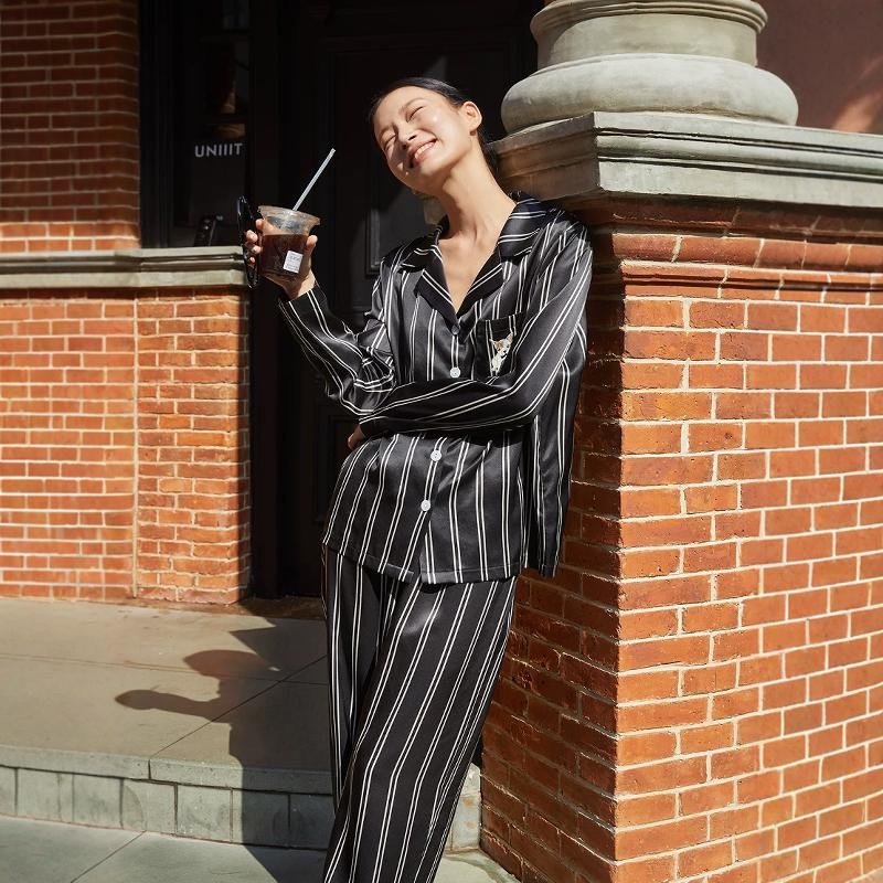 野兽P同款日进斗金小奶狗黑条纹丝感短袖睡衣家居服生日礼物奢华