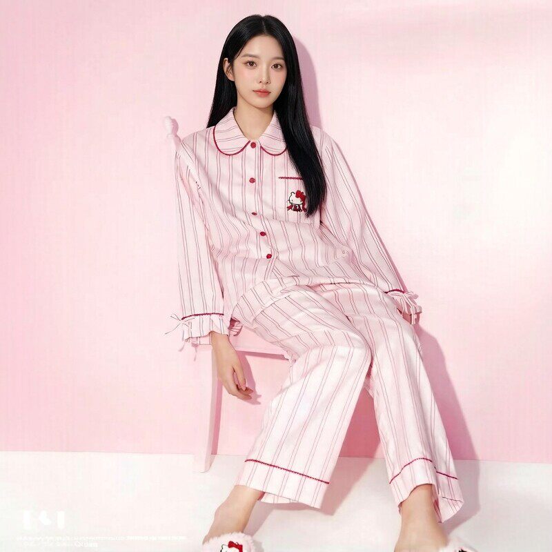 明星同款轻奢家居Hello凯蒂天丝棉家居服套装四季外穿条纹睡衣女
