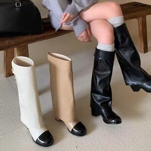 法式小香风圆头拼色骑士靴百搭粗跟高筒靴不过膝长靴女裤管靴