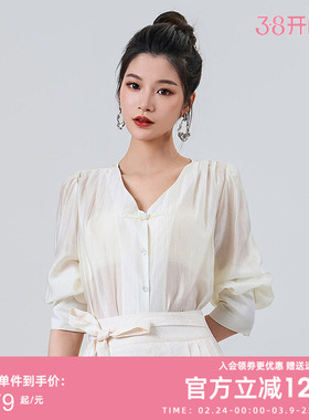 曼诺比菲商场同款夏季宽松v领五分袖梭织衫上衣女薄款MFGS151023