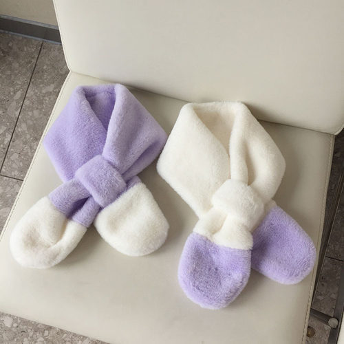 儿童围巾秋冬加厚保暖光板双色拼接DIY男宝女宝毛绒围巾宝宝围脖
