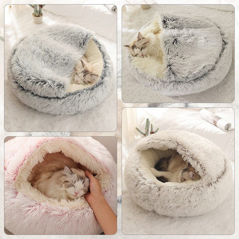 水晶绒保暖圆形半包猫窝宠物狗窝深睡眠毛绒圆窝睡袋半封闭式猫窝