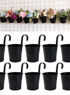 跨境黑色悬挂铁艺花盆挂盆可拆卸挂钩吊桶多肉绿植阳台栅栏花盆