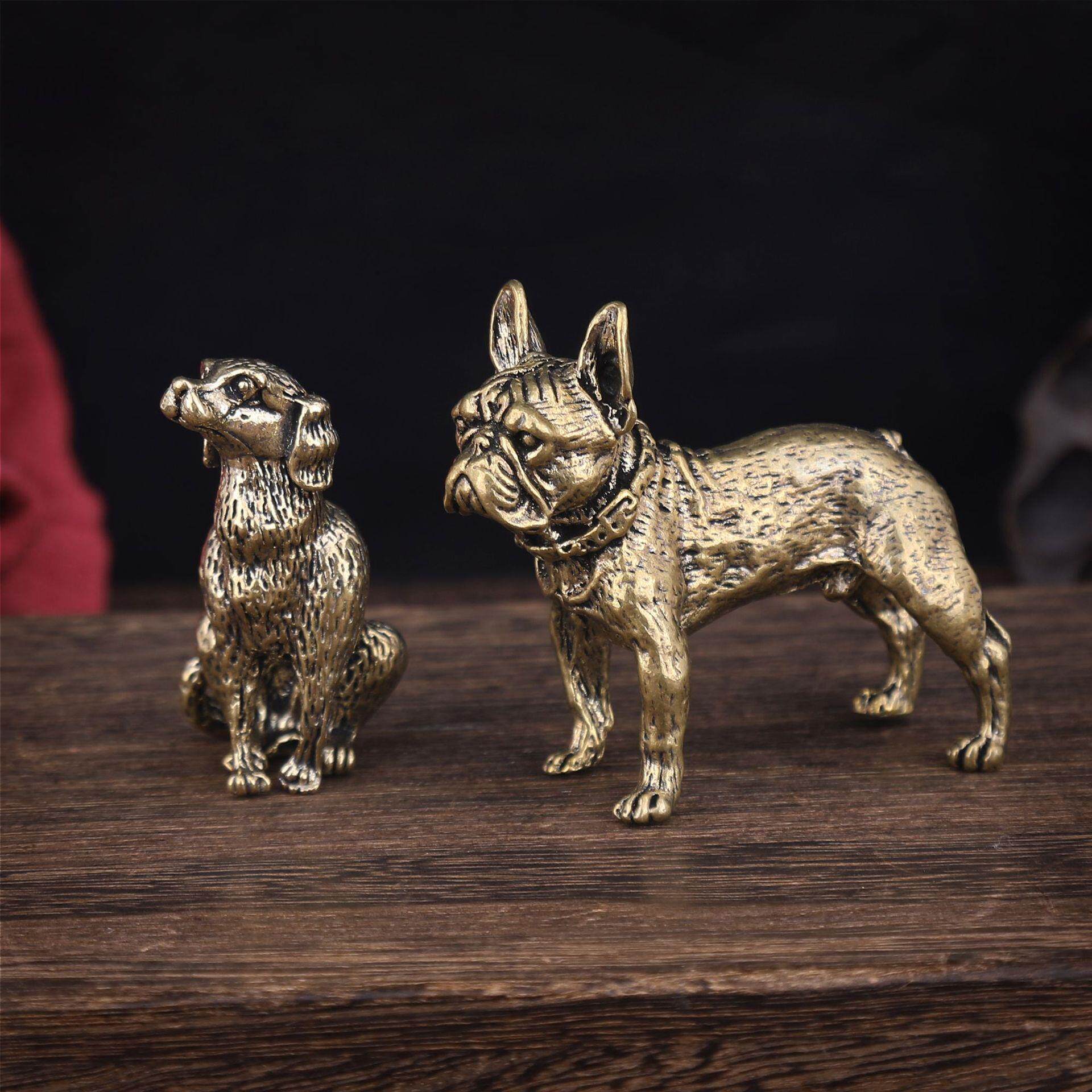 古董古玩铜器桌面摆件斗犬沙皮狗实心铜黄铜生肖茶宠黄铜贵宾犬