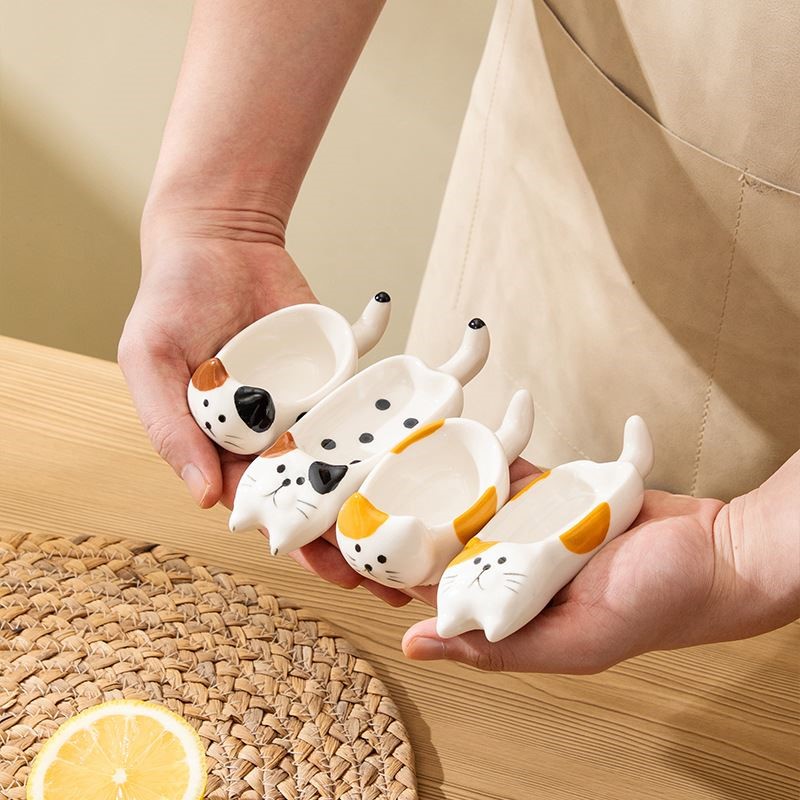 陶瓷墨碟味碟蘸料碟手作可爱猫咪造型家用调料碟筷子托筷架创意