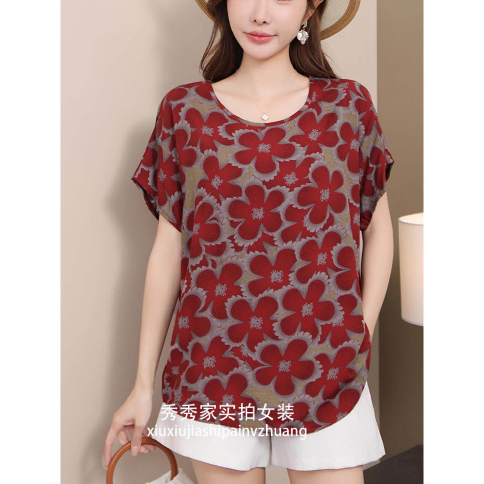 棉绸t恤衫女夏季韩版时尚宽松大码中短袖外穿薄款胖mm人造棉上衣