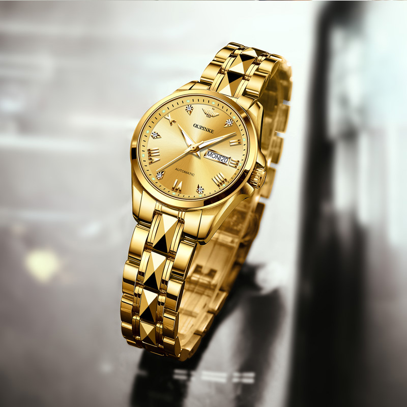 瑞士认证正品牌18k金色机械表女