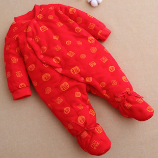 宝宝手工连体衣秋冬季婴儿棉花包脚哈衣加厚衣服新生儿外出棉衣