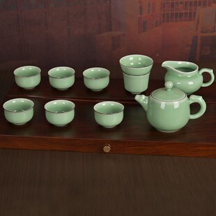 v简约家用陶瓷游龙戏水壶十头茶具礼品 精品青瓷功夫茶具礼盒套装