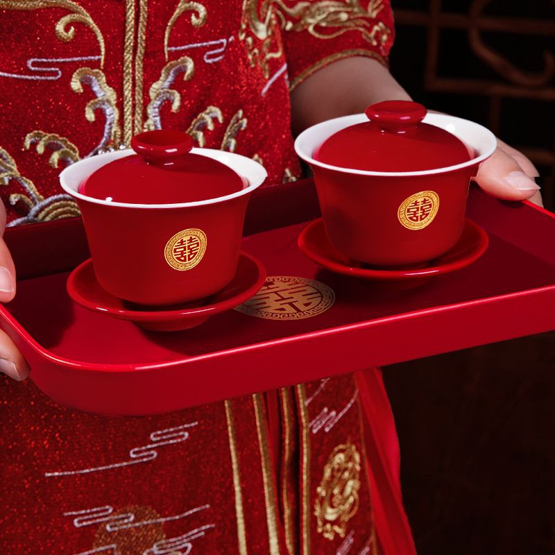 敬茶杯结婚喜碗套装敬酒茶杯改口对碗红碗一对碗筷红色中式婚礼