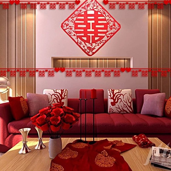 新款婚房装饰结婚婚礼布置用品红色无纺布喜帘子新房吊顶喜字拉花