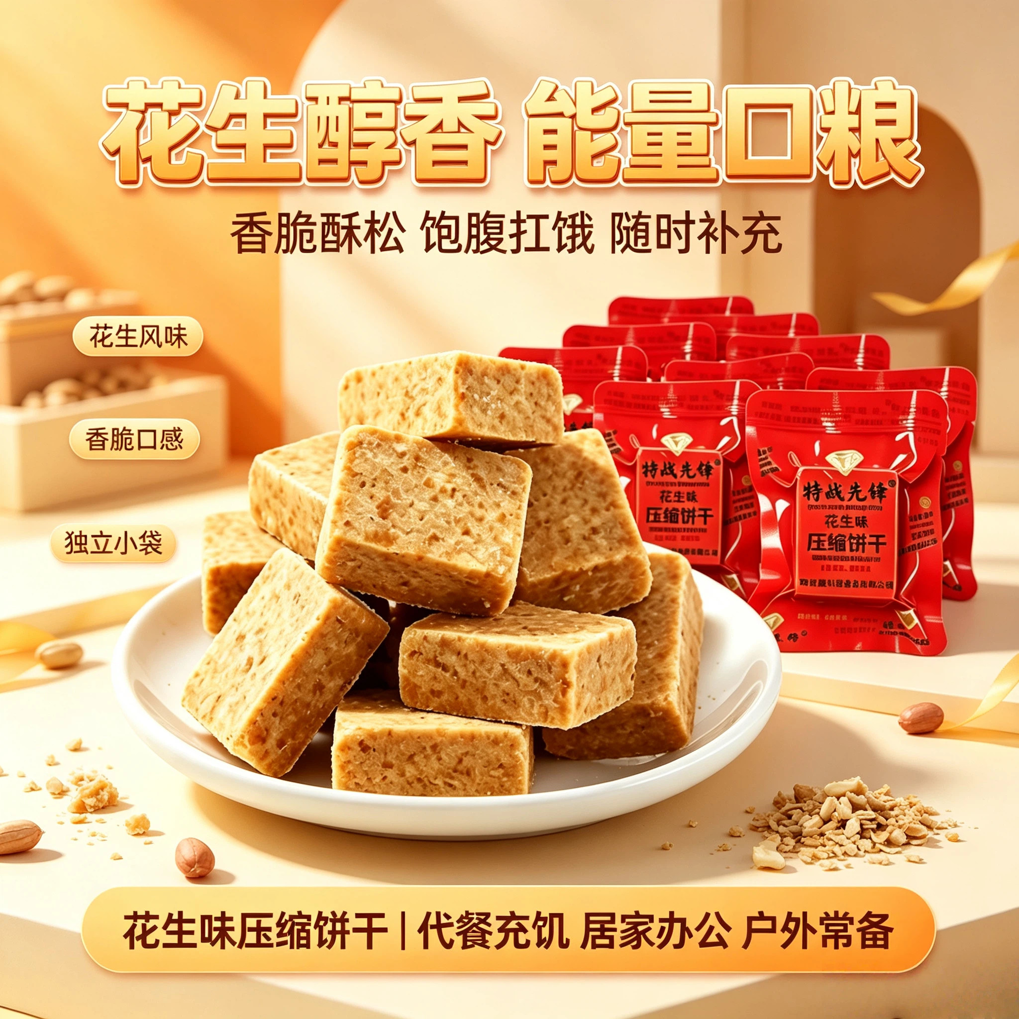 花生味酥性压缩饼干独立袋装粗粮干粮开袋即食居家户外特产零食