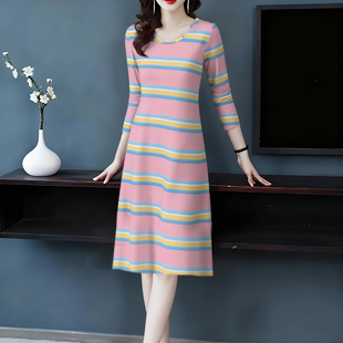 内搭修身 套头宽松显瘦中长款 连衣裙 纯棉条纹长袖 早春裙子外穿大码