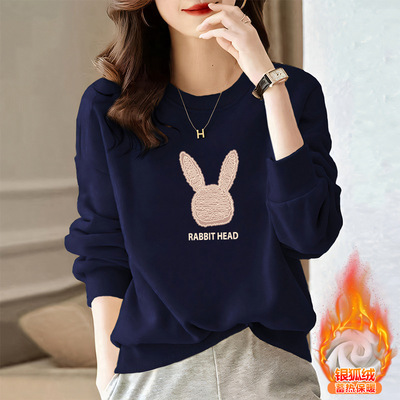 中年印花圆领长袖卫衣t恤女秋冬加绒加厚大码宽松时尚减龄上衣潮