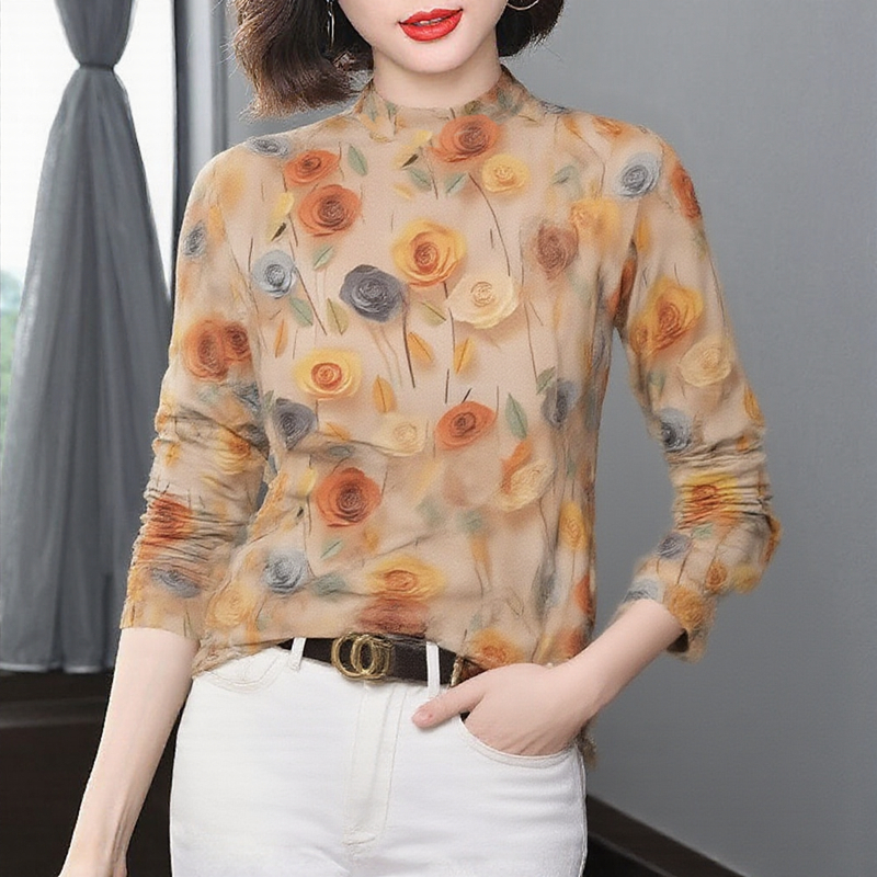 洋气印花半高领长袖网纱打底衫