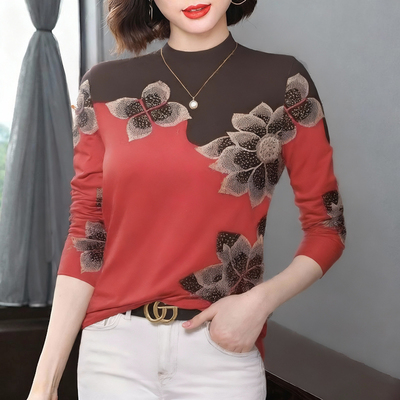 2025新款半高领印花长袖T恤