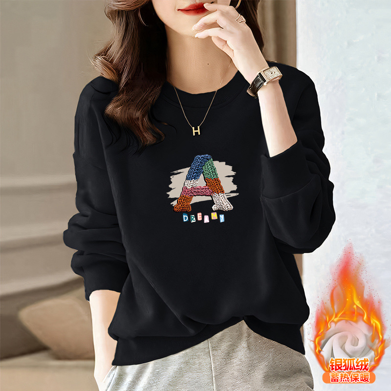 加绒加厚秋冬新款中年大码女士无帽卫衣宽松显瘦减龄长袖t恤上衣