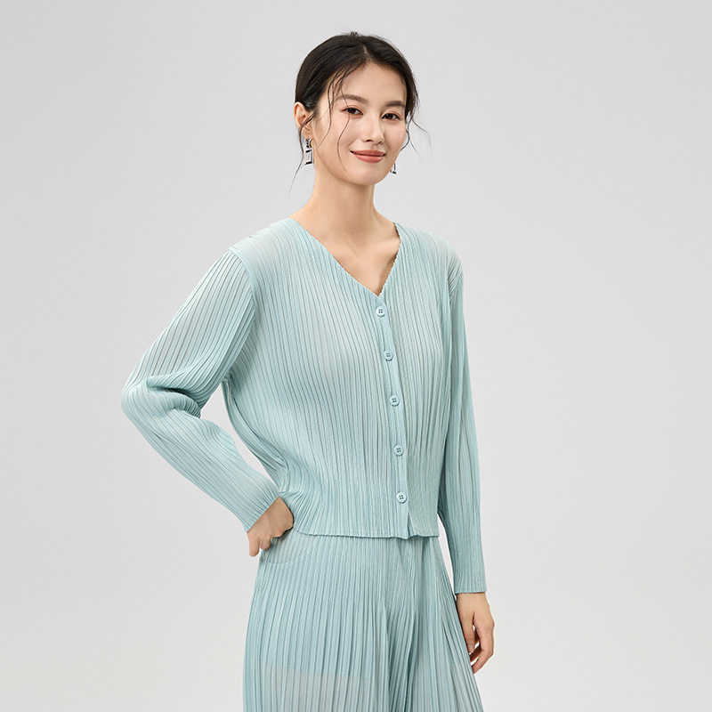 罗纹褶皱胖mmV领开衫上衣女春防晒空调衫气质减龄长袖短款外套薄