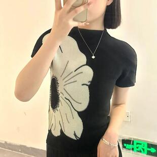 肌理感三宅风褶皱上衣女修身 夏 显瘦立领短袖 印花T恤高端压皱女装