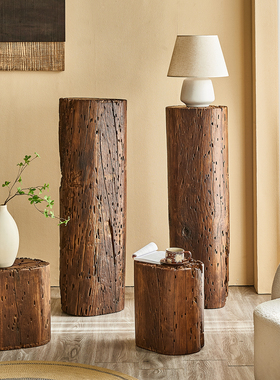 侘寂风原木虫眼实木墩子花架