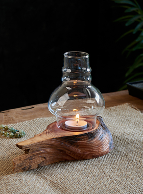 Hinice侘寂风中式复古烛台灯实木防风蜡烛灯家用香薰玻璃罩蜡烛台