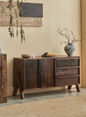 Hinice 老木风化侘寂风复古三抽斗柜实木玄关储物柜民宿餐边柜子