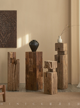 Hinice侘寂风自然风化客厅民宿玄关方形树桩实木墩子木桩底座摆件