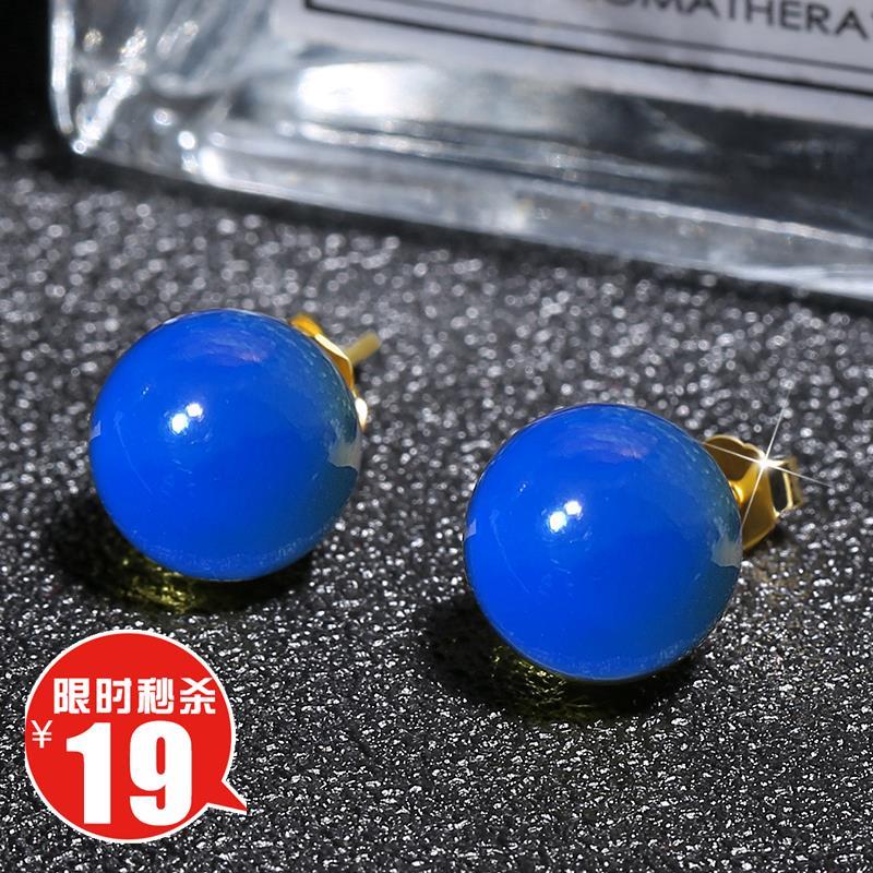 蓝珀耳钉女款多米尼加蓝珀耳针款圆珠耳坠5A净水天空蓝珀耳饰银针
