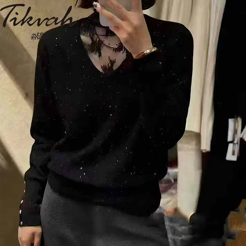 TIKVAH蕾丝拼接设计感女针织衫